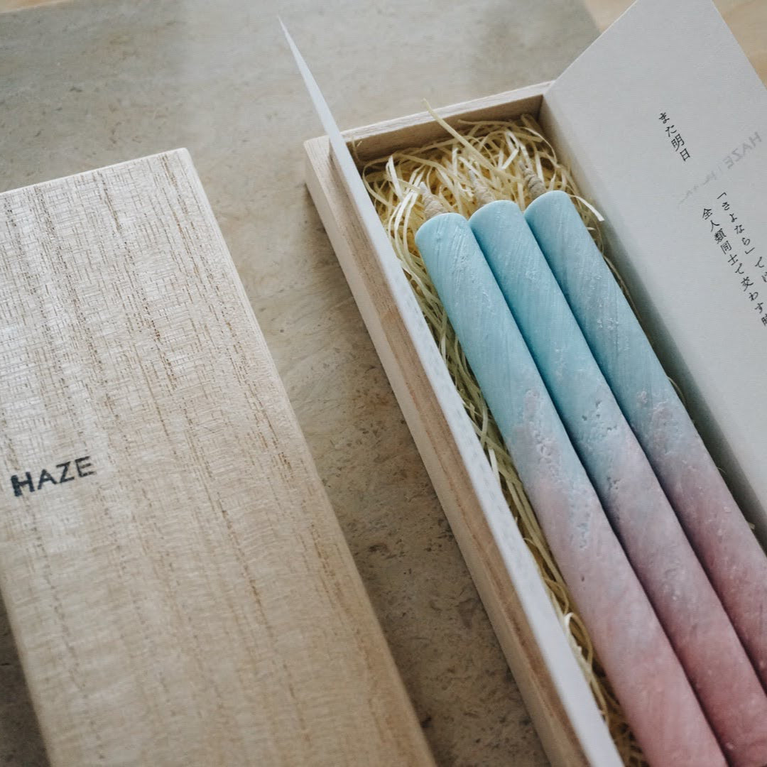 Traditional Japanese Candle Gift Set of Three Multi-Colored in Wooden Box