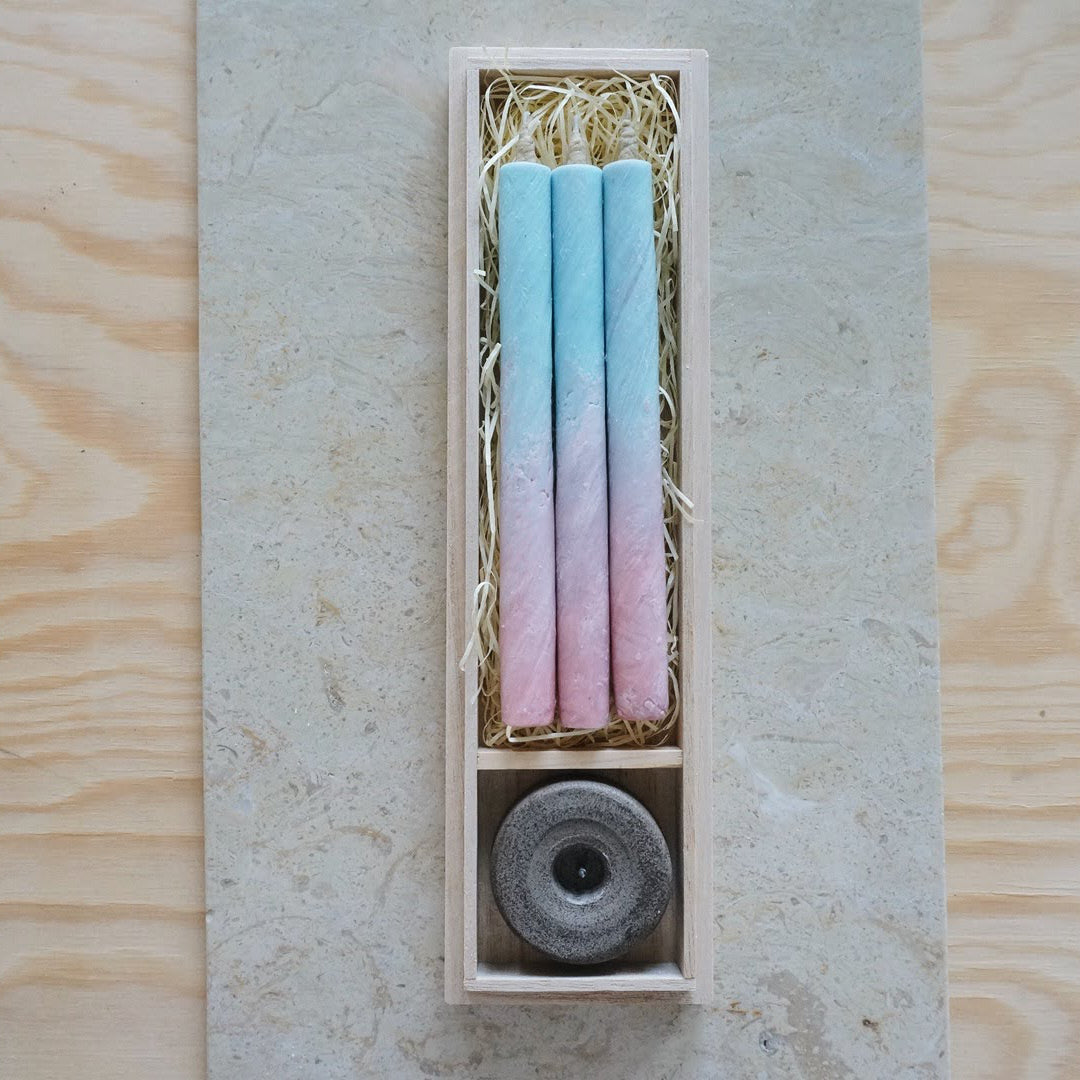 Traditional Japanese Candle Gift Set of Three Multi-Colored in Wooden Box