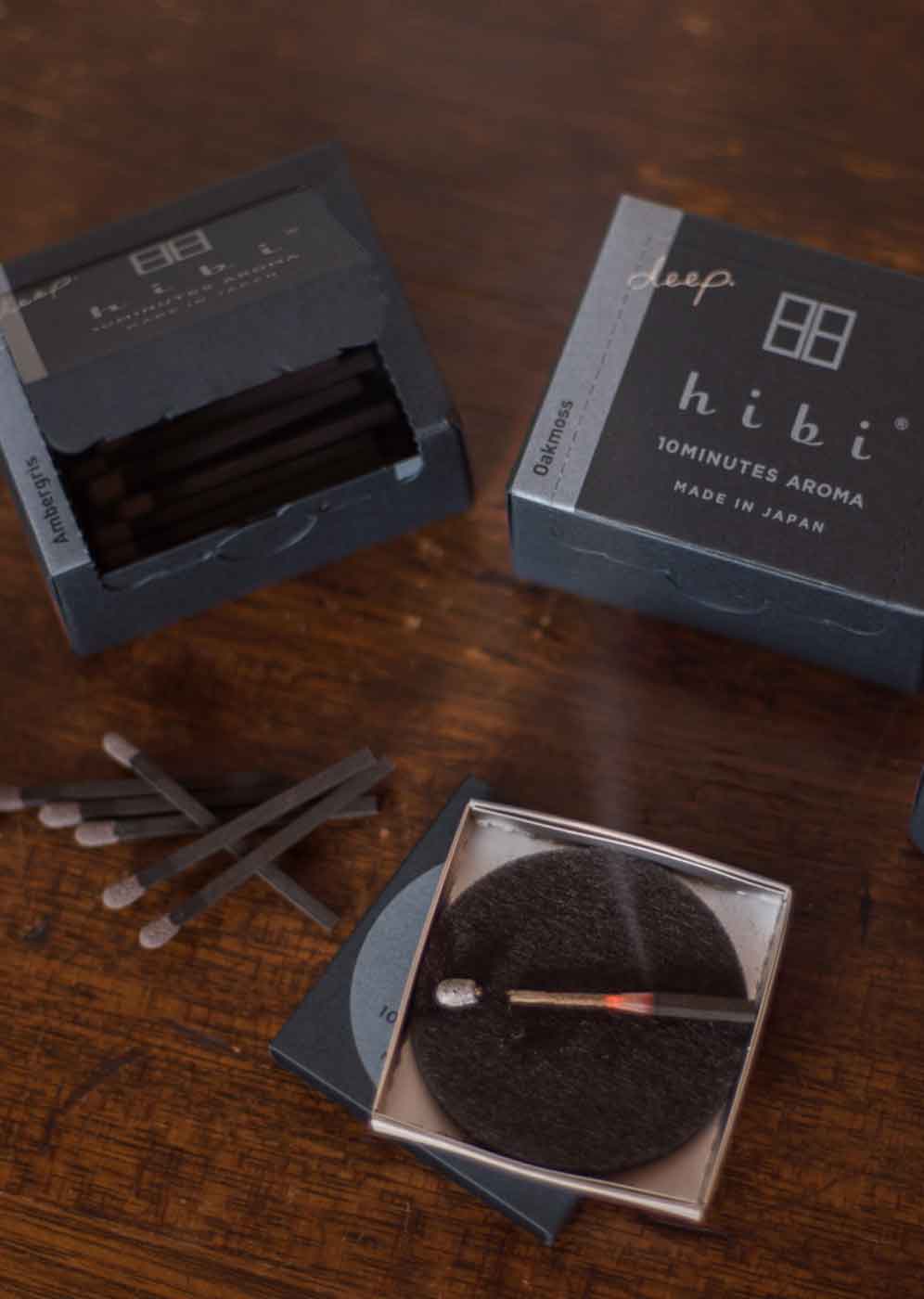 Hibi Incense Matches, a unique and convenient incense product where each matchstick ignites into a calming, aromatic incense, offering a soothing experience in a compact form.
