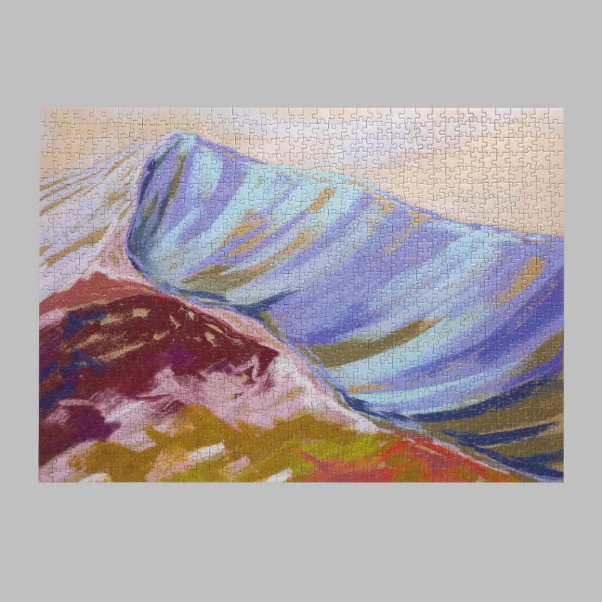 Jigsaw puzzle with a mountain and landscape design on a white background