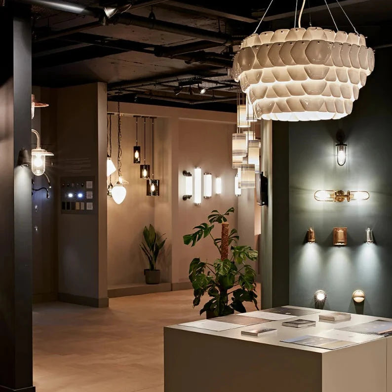 Modern interior design with pendant lights and a kitchen island.