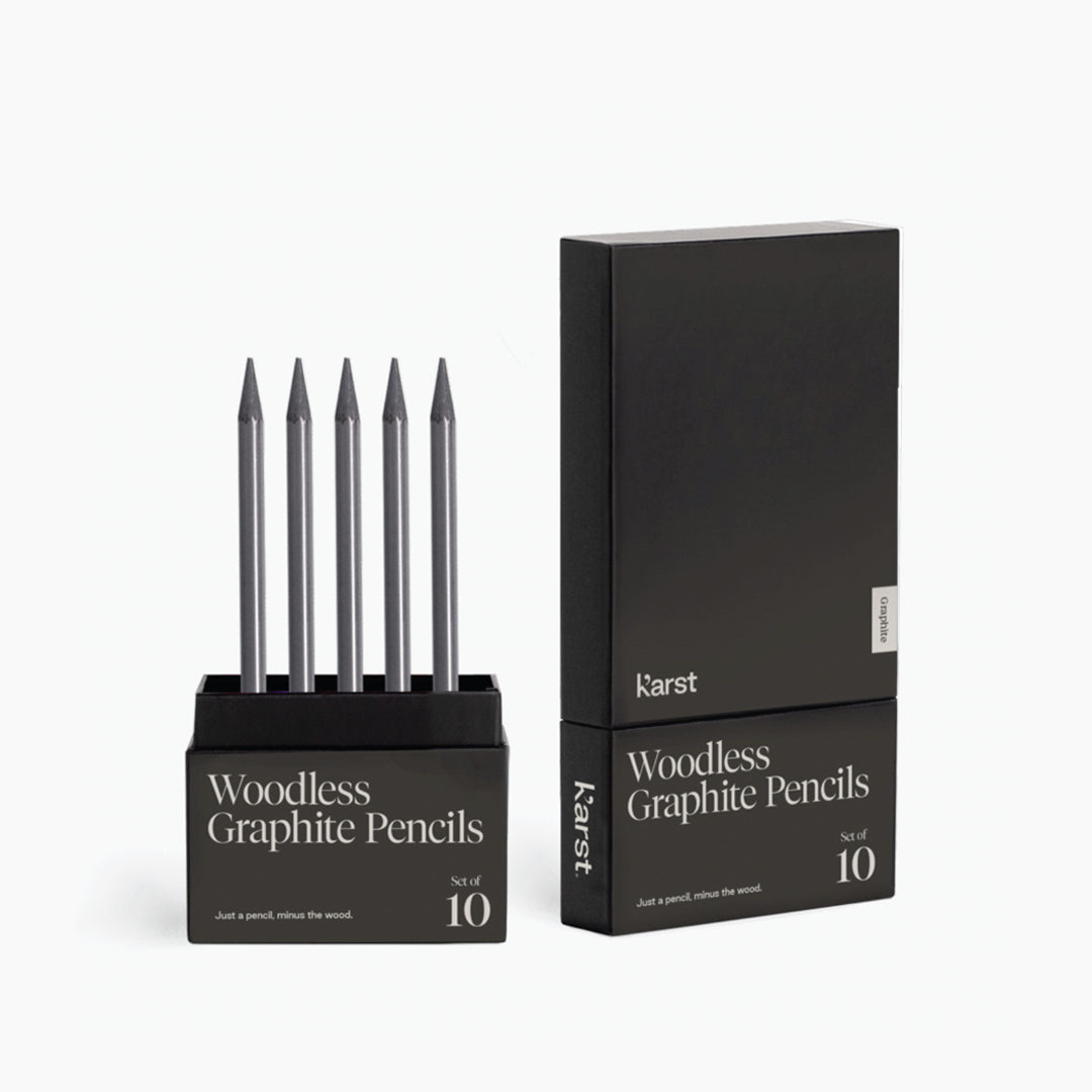 Karst woodless graphite pencils set of 10, showing five sharpened graphite pencils standing in an open black box beside the closed minimalist black packaging on a white background.