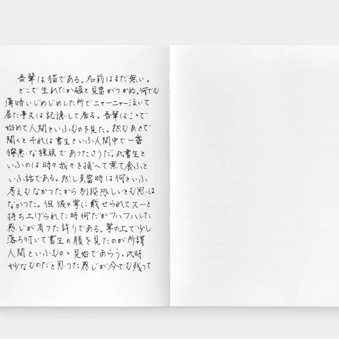 Open notebook with handwritten text on white background