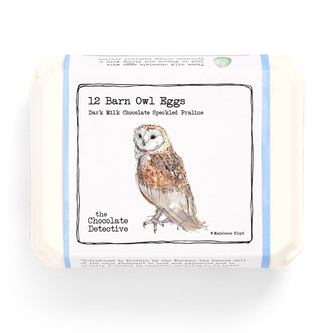 Packaging for 12 Barn Owl Eggs with an illustration of a barn owl on a white background