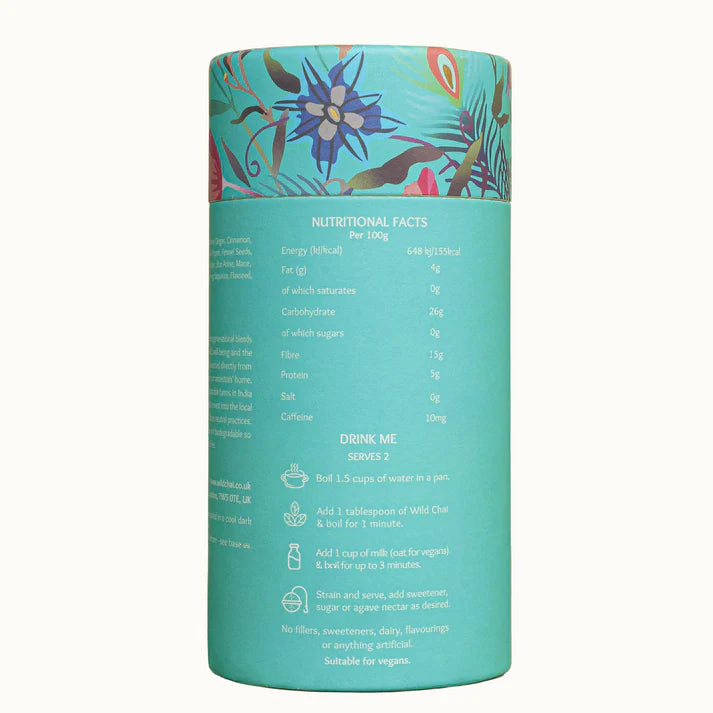 Teal cylindrical container with floral design on lid and nutritional facts label on body