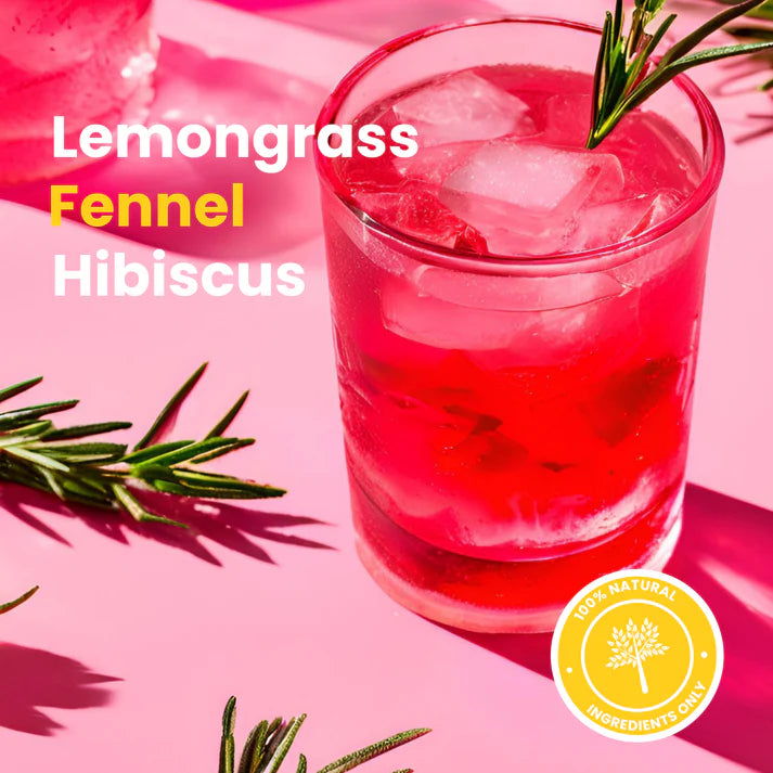 Pink drink with ice and lemongrass garnish on a pink background, featuring text 'Lemongrass Fennel Hibiscus'.