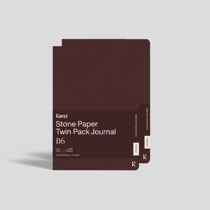 Maroon journal with 'Karst' branding on a light gray background