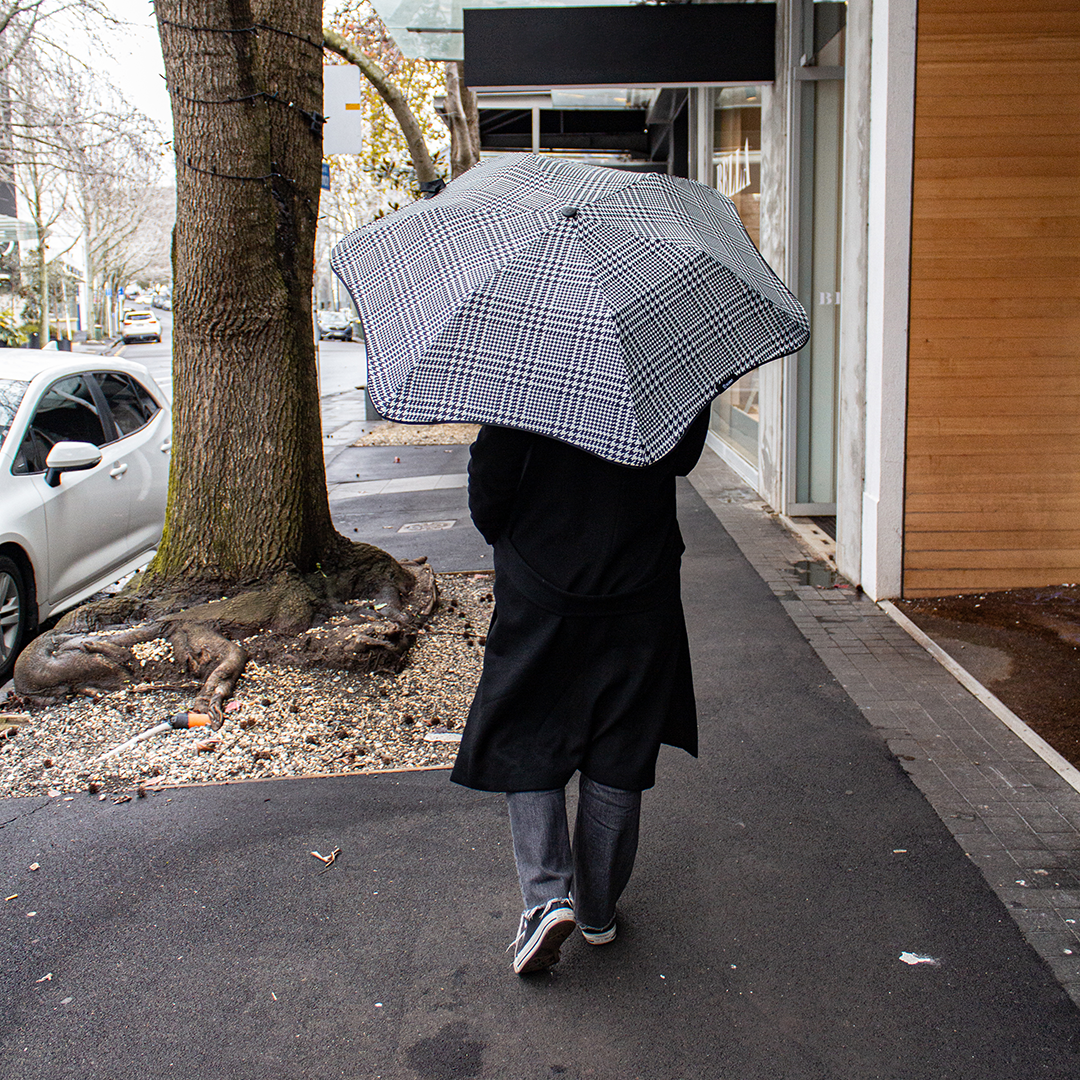 Person holding a checkered umbrella walking on a sidewalk