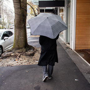 Person holding a checkered umbrella walking on a sidewalk