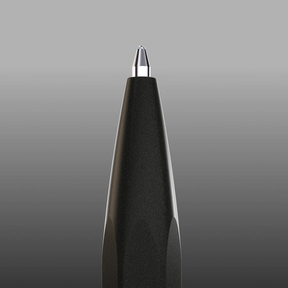 Close-up of a black pen with a metallic cap on a gray background