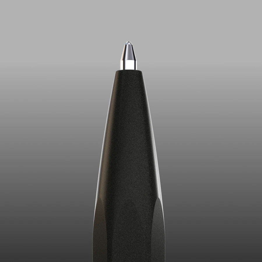 Close-up of a black pen with a metallic cap on a gray background