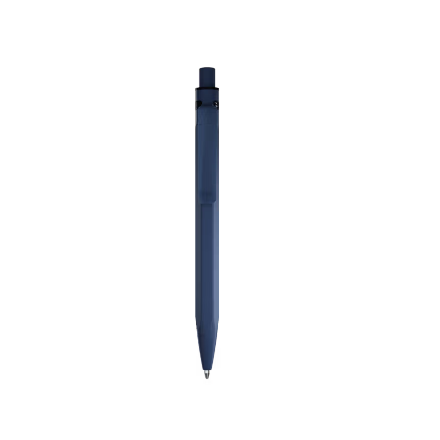 Blue cylindrical object with a red dot on a white background