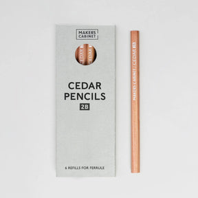 Makers Cabinet Cedar Pencils packaging with a pencil on a light gray background