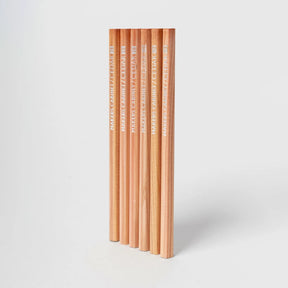 Set of wooden pencils with branding on a light gray background