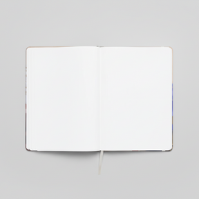 Open notebook with blank pages on a white background