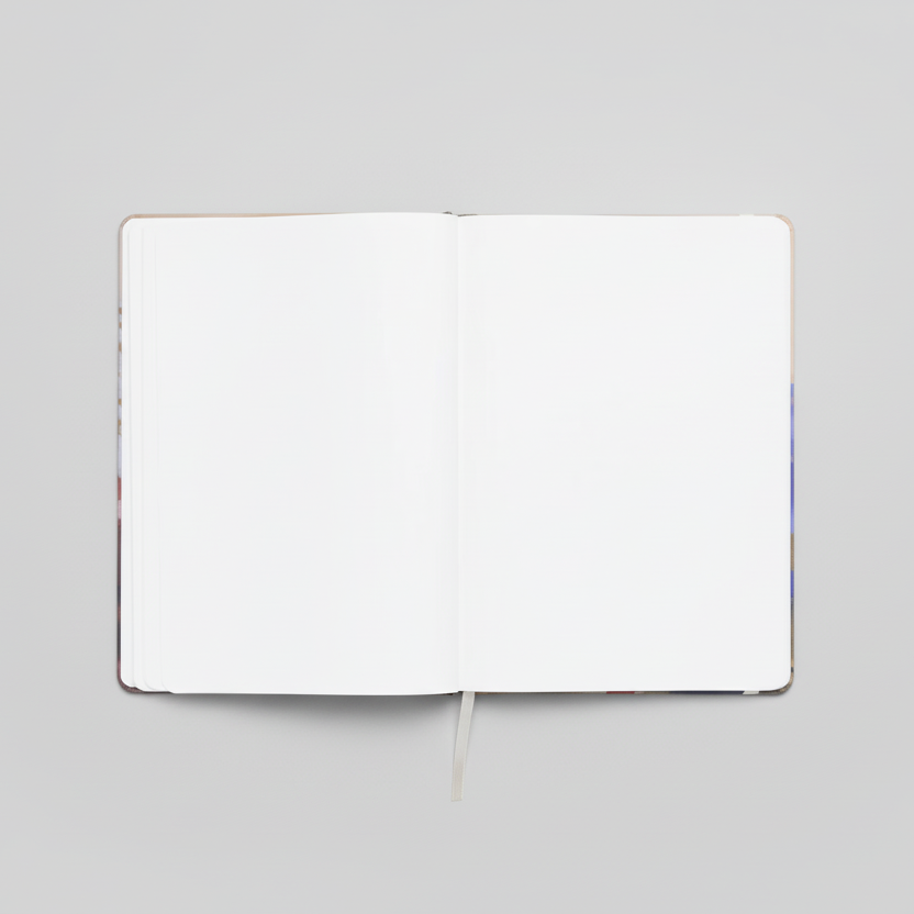 Open notebook with blank pages on a white background