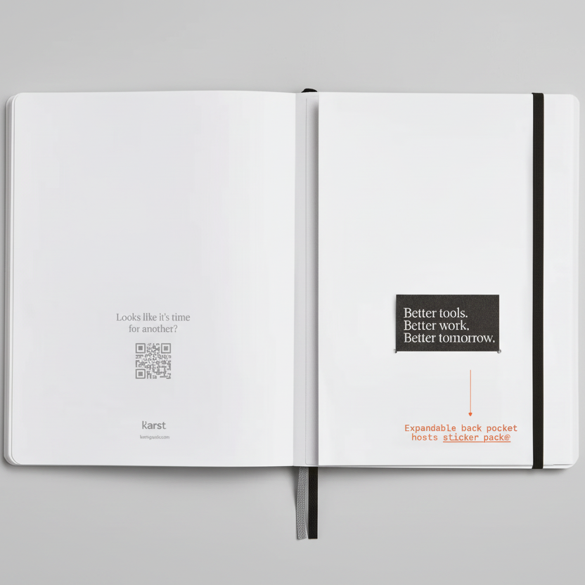 Open notebook with visible branding on a white background