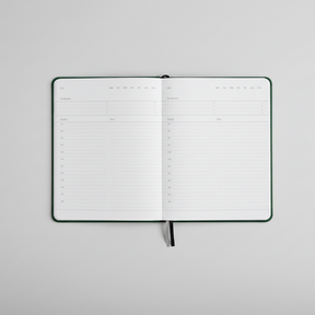 Open notebook with lined pages on a white background