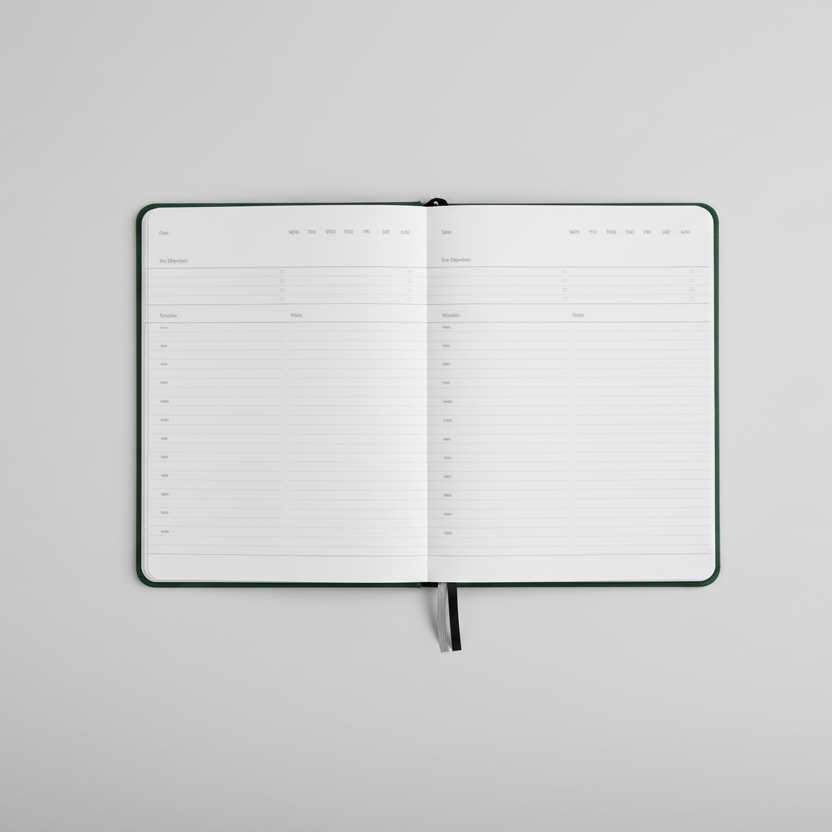 Open notebook with lined pages on a white background