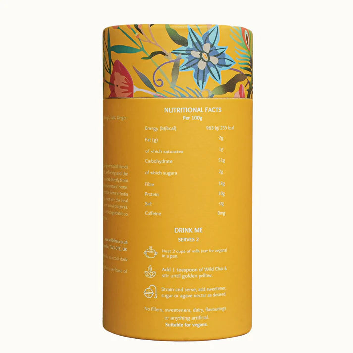 Yellow cylindrical container with floral design on top, containing nutritional facts and instructions.