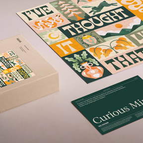 Packaging design with a poster and box featuring artistic text and illustrations on a neutral background.