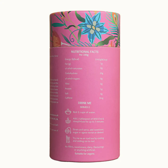 Pink cylindrical container with floral design on lid and nutritional facts label on a white background