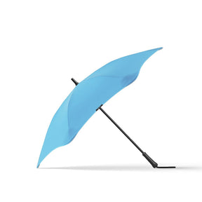 Sky blue umbrella with black handle on a white background
