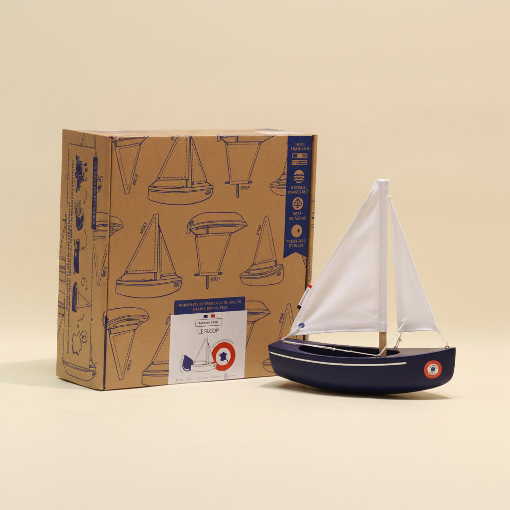 Model sailboat in front of its packaging box on a beige background