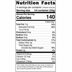 Nutrition facts label for a food product with serving size, calories, and detailed nutritional information.