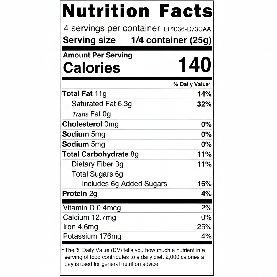 Nutrition facts label for a food product with serving size, calories, and detailed nutritional information.