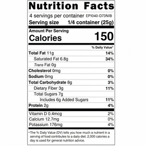 Nutrition facts label for a product with detailed calorie count and nutritional content per serving.