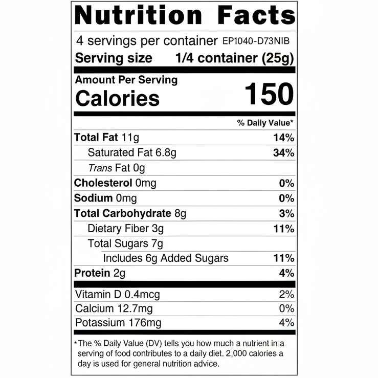 Nutrition facts label for a product with detailed calorie count and nutritional content per serving.