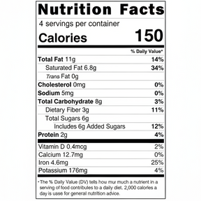 Nutrition facts label for a food product with serving size, calories, and nutritional content details.
