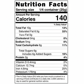 Nutrition facts label for a food product with serving size, calories, and nutritional content details.