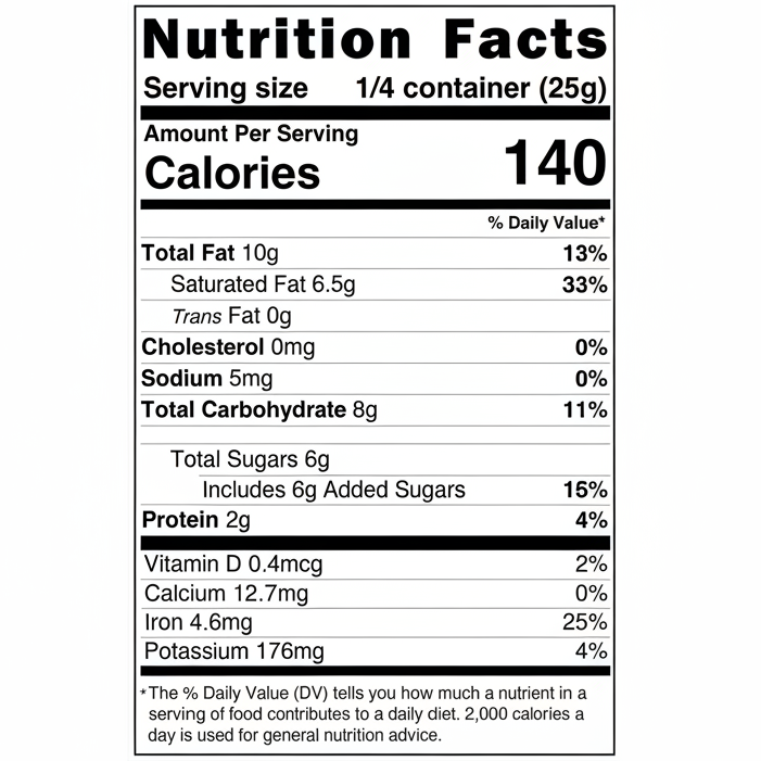Nutrition facts label for a food product with serving size, calories, and nutritional content details.
