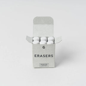 Box of erasers with 'Makers Cabinet' branding on a light gray background