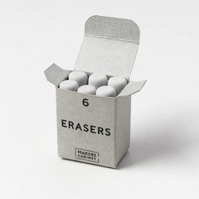 Box of erasers with 'Makers Cabinet' branding on a white background
