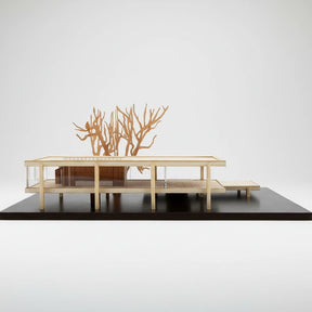 Model of a modern architectural design with wooden structure and coral-like sculpture on a white background