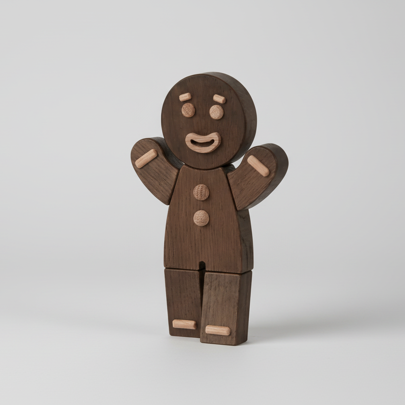 Wooden gingerbread man toy on a white background