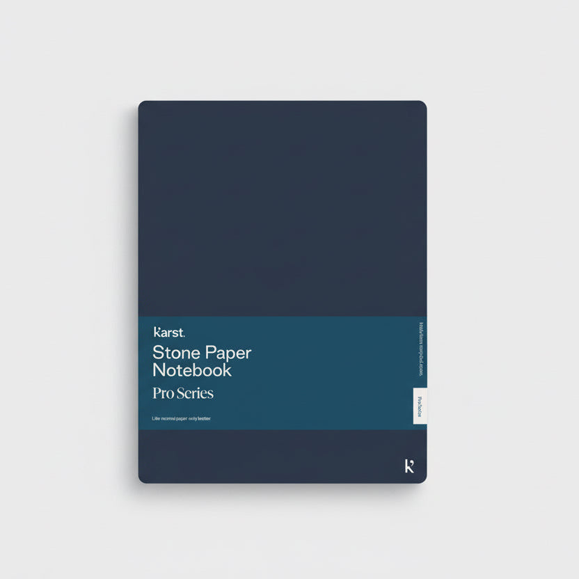 Karst Pro Series Stone Paper Notebook in marine color with a teal belly band, featuring a minimalist cover design and rounded corners, photographed on a clean white background.