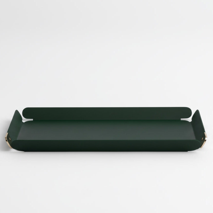 Minimalist forest green desk tray with a long rectangular profile and softly curved raised sides, designed for organizing desk accessories, shown against a white background.