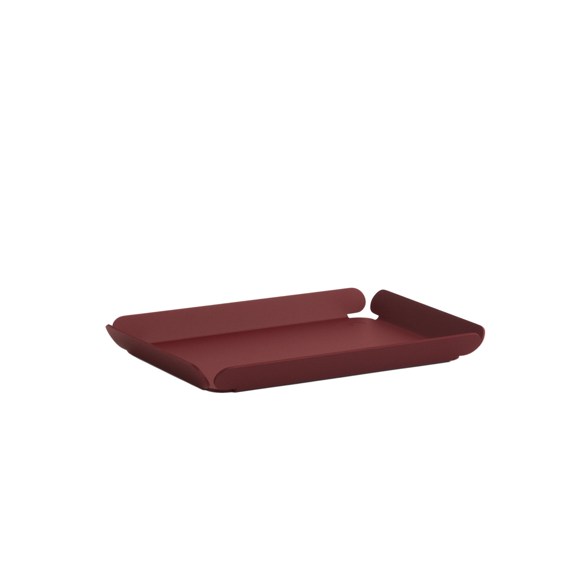 Minimalist burgundy desk tray with a low-profile rectangular shape and curved ends, designed for organizing small office items, shown on a white background.