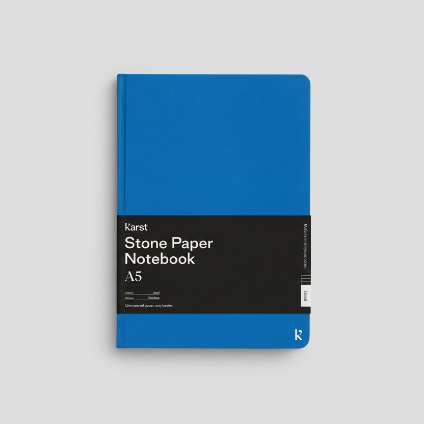 Karst Stone Paper Notebook A5 in Bolt Blue with hard cover and black branded belly band, displayed against a light gray background.