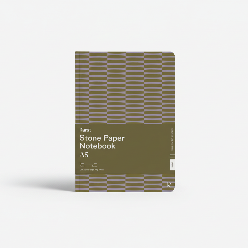 Karst Stone Paper A5 notebook with a green and lavender horizontal geometric pattern cover, featuring an olive belly band labeled ‘Stone Paper Notebook A5,’ displayed on a white background.