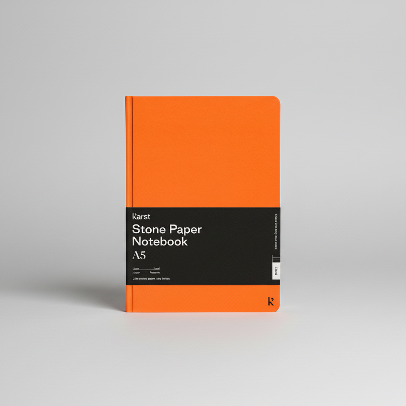Karst A5 Stone Paper Notebook in Tangerine orange with hard cover and black branded belly band, displayed on a light gray background.