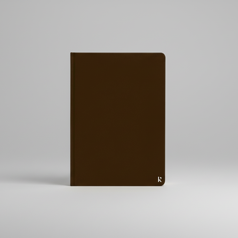 Karst A5 Stone Paper Notebook in espresso brown with hard cover, shown upright against a light gray background.
