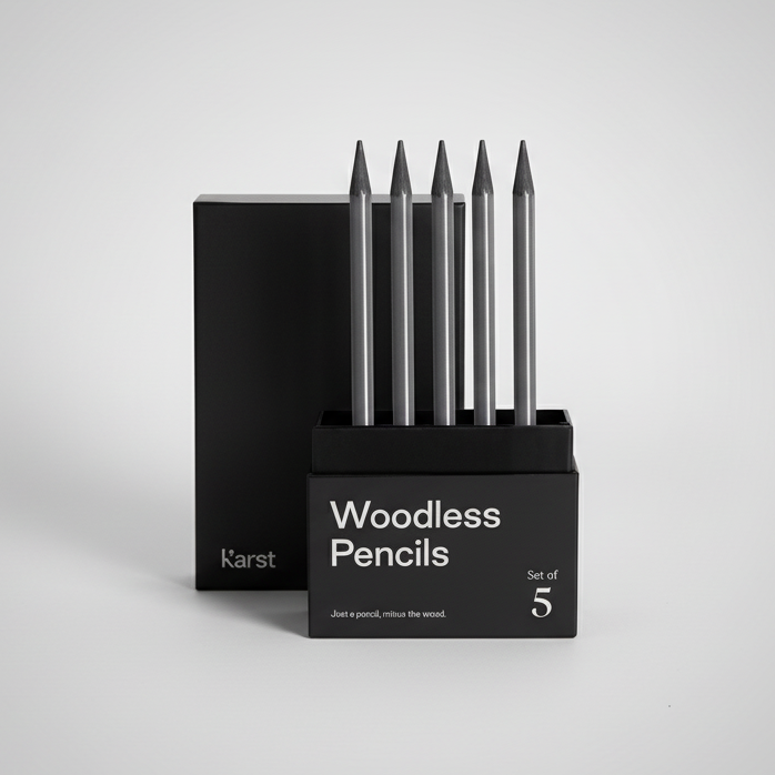 Karst Woodless Graphite Pencils set of 5 in minimalist black stand, premium artist drawing pencils made from solid graphite for sketching, shading, and professional illustration.
