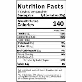 Nutrition facts label for a food product with serving size, calories, and detailed nutritional information.
