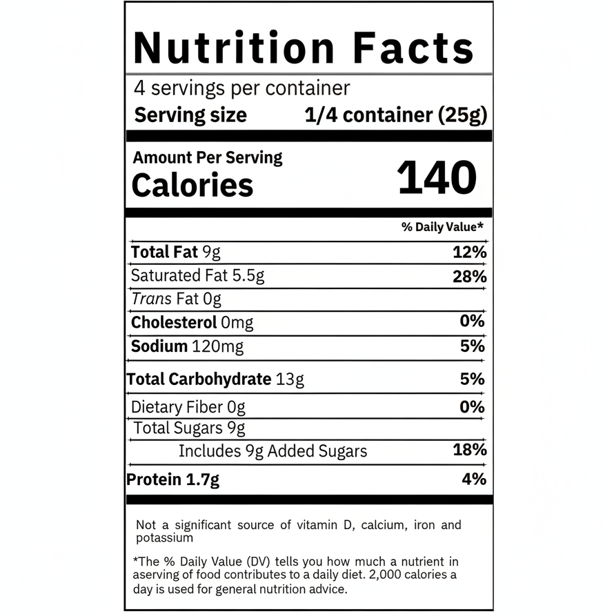Nutrition facts label for a food product with serving size, calories, and detailed nutritional information.
