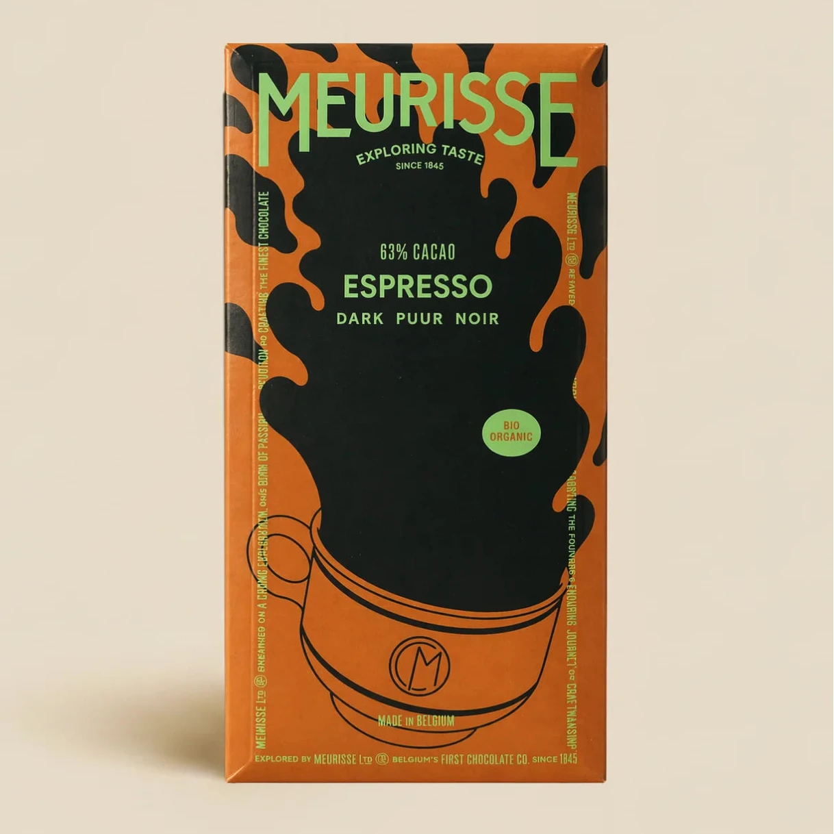 A box of Meurisse Espresso Dark Puur Noir chocolate, featuring a bold orange and black design with green lettering, set against a solid beige background.